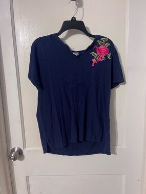 Rebecca Malone Navy Short Sleeve Tee with Pink Floral Accent